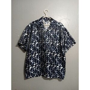 ODO Mens Short Sleeve Button Up Club Shirt Shimmer Black Blue Silver Size XL